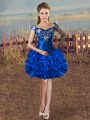Knee Length Lace Up Prom Evening Gown Royal Blue for Prom and Party with Embroidery and Ruffles