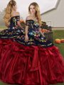 Floor Length Red And Black Sweet 16 Quinceanera Dress Organza Sleeveless Embroidery and Ruffles