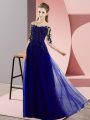 Luxurious Bateau Half Sleeves Court Dresses for Sweet 16 Floor Length Beading and Lace Blue Chiffon