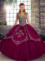 Fuchsia Quince Ball Gowns Military Ball and Sweet 16 and Quinceanera with Beading and Embroidery Straps Sleeveless Lace Up