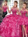 High End Fuchsia Organza Lace Up Quince Ball Gowns Sleeveless Floor Length Beading and Ruffles