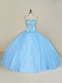 Blue Tulle Lace Up Strapless Sleeveless Floor Length Quinceanera Gowns Beading