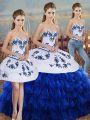 Spectacular Floor Length Lace Up Quinceanera Gowns Royal Blue for Military Ball and Sweet 16 and Quinceanera with Embroidery and Ruffled Layers and Bowknot