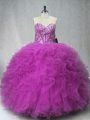 Captivating Fuchsia Sleeveless Beading and Ruffles Floor Length Quinceanera Gown