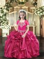 Straps Sleeveless Kids Formal Wear Floor Length Beading Hot Pink Organza