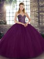 Most Popular Beading 15 Quinceanera Dress Dark Purple Lace Up Sleeveless Floor Length