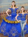 Artistic Embroidery and Ruffled Layers Vestidos de Quinceanera Blue Lace Up Sleeveless Floor Length