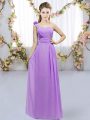 Colorful Floor Length Lace Up Bridesmaid Gown Lavender for Wedding Party with Hand Made Flower