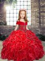 Red Lace Up Straps Beading and Ruffles Pageant Dress Wholesale Organza Sleeveless