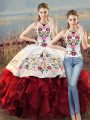 White And Red Halter Top Neckline Embroidery and Ruffles Ball Gown Prom Dress Sleeveless Lace Up