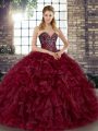 Noble Floor Length Burgundy Sweet 16 Dress Organza Sleeveless Beading and Ruffles