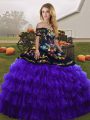 Ball Gowns Sweet 16 Dress Black And Purple Off The Shoulder Organza Sleeveless Floor Length Lace Up