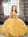 Fantastic Gold Organza Lace Up Little Girls Pageant Dress Wholesale Sleeveless Floor Length Beading and Ruffles