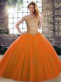 Designer Orange Red Tulle Lace Up Sweet 16 Quinceanera Dress Sleeveless Floor Length Beading