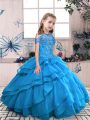 Hot Selling Sleeveless Floor Length Beading and Ruffles Lace Up Kids Formal Wear with Aqua Blue