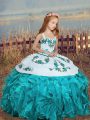 Simple Organza Straps Sleeveless Lace Up Embroidery and Ruffles Child Pageant Dress in Aqua Blue