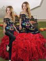 Edgy Organza Off The Shoulder Sleeveless Lace Up Embroidery and Ruffles Sweet 16 Quinceanera Dress in Red And Black