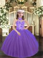 Exquisite Purple Glitz Pageant Dress Party and Sweet 16 and Wedding Party with Appliques Halter Top Sleeveless Lace Up