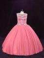 Best Selling Sleeveless Tulle Floor Length Lace Up Quinceanera Dresses in Pink with Beading