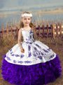 Purple Sleeveless Floor Length Embroidery and Ruffles Lace Up Little Girl Pageant Gowns