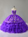 Sleeveless Organza Floor Length Lace Up Sweet 16 Quinceanera Dress in Purple with Embroidery and Ruffles