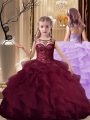 Burgundy Ball Gowns Organza Scoop Sleeveless Beading and Ruffles Lace Up Kids Formal Wear Brush Train