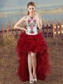Top Selling Wine Red Lace Up Scoop Embroidery Prom Dresses Organza Sleeveless