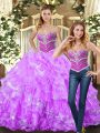 Nice Lilac Sleeveless Floor Length Beading and Ruffles Lace Up Quince Ball Gowns