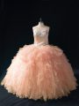 Noble Peach Tulle Lace Up Sweetheart Sleeveless Floor Length Quince Ball Gowns Beading and Ruffles