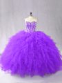 Floor Length Lace Up Sweet 16 Dresses Purple for Sweet 16 and Quinceanera with Beading and Ruffles