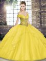 Perfect Gold Off The Shoulder Neckline Beading and Ruffles Ball Gown Prom Dress Sleeveless Lace Up