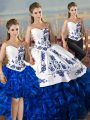 Best Selling Blue And White Sweetheart Neckline Embroidery and Ruffles Quinceanera Dress Sleeveless Lace Up