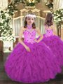 Purple Ball Gowns Tulle Halter Top Sleeveless Embroidery and Ruffles Floor Length Lace Up Little Girl Pageant Dress
