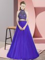 Graceful Purple Two Pieces Halter Top Sleeveless Tulle Floor Length Backless Beading Evening Party Dresses