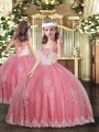 Fashion Watermelon Red Lace Up Straps Appliques Kids Pageant Dress Tulle Sleeveless