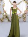 Olive Green Empire Chiffon Straps Sleeveless Belt and Hand Made Flower Floor Length Zipper Vestidos de Damas