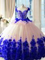 Gorgeous Blue And White Sleeveless Brush Train Hand Made Flower Sweet 16 Dress