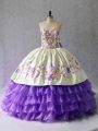 Lavender Ball Gown Prom Dress Sweet 16 and Quinceanera with Embroidery and Ruffled Layers Sweetheart Sleeveless Lace Up