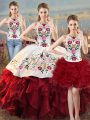Extravagant Ball Gowns Vestidos de Quinceanera White And Red Halter Top Organza Sleeveless Floor Length Lace Up