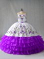 Hot Selling Organza Sweetheart Sleeveless Lace Up Embroidery and Ruffled Layers Quinceanera Dresses in White And Purple