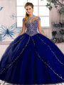Luxurious Royal Blue Cap Sleeves Tulle Brush Train Lace Up Quinceanera Dress for Sweet 16 and Quinceanera