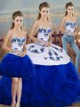 Exceptional Royal Blue Three Pieces Embroidery and Ruffles and Bowknot Sweet 16 Dresses Lace Up Tulle Sleeveless Floor Length