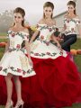 Smart Floor Length Lace Up 15 Quinceanera Dress White And Red for Military Ball and Sweet 16 and Quinceanera with Embroidery and Ruffles