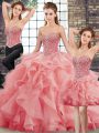 Watermelon Red Three Pieces Beading and Ruffles Quinceanera Gown Lace Up Tulle Sleeveless