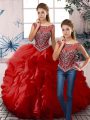 Inexpensive Sleeveless Floor Length Beading and Ruffles Zipper Vestidos de Quinceanera with Red