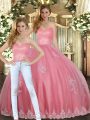 Watermelon Red Sleeveless Floor Length Appliques Lace Up Sweet 16 Quinceanera Dress