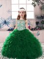 Dark Green Ball Gowns Scoop Sleeveless Organza Floor Length Lace Up Beading and Ruffles Pageant Gowns For Girls