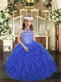 New Arrival Floor Length Lace Up Pageant Dress for Teens Royal Blue for Party and Sweet 16 and Wedding Party with Beading and Ruffles