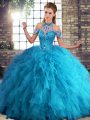 Blue Sleeveless Tulle Lace Up Quince Ball Gowns for Military Ball and Sweet 16 and Quinceanera