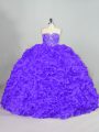 Designer Purple Fabric With Rolling Flowers Lace Up Quince Ball Gowns Sleeveless Court Train Beading